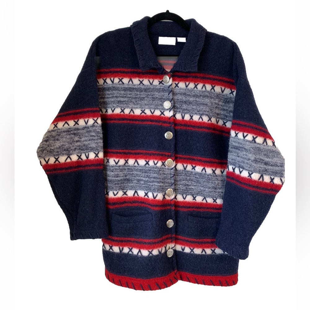 Christopher Banks Jacket Sz M Womens Red Navy Wool Norwegian Cardigan Isle Print